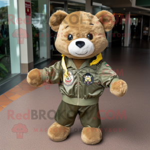 Olive Teddy Bear mascot costume character dressed with a Bomber Jacket and Bow ties