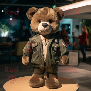 Olive Teddy Bear mascot costume character dressed with a Bomber Jacket and Bow ties