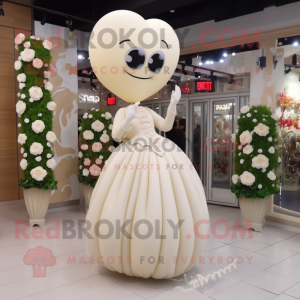 Beige Heart Shaped Balloons mascot costume character dressed with a Wedding Dress and Rings