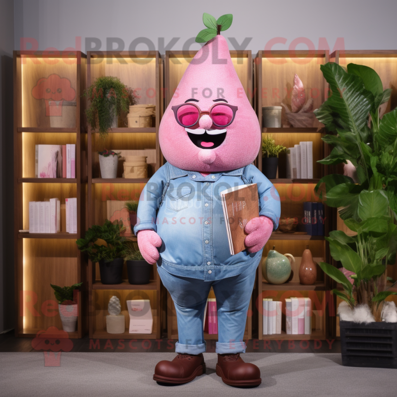 Pink Pear mascot costume character dressed with a Chambray Shirt and Reading glasses