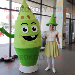 Olive Ice Cream Cone mascot costume character dressed with a Pencil Skirt and Hat pins