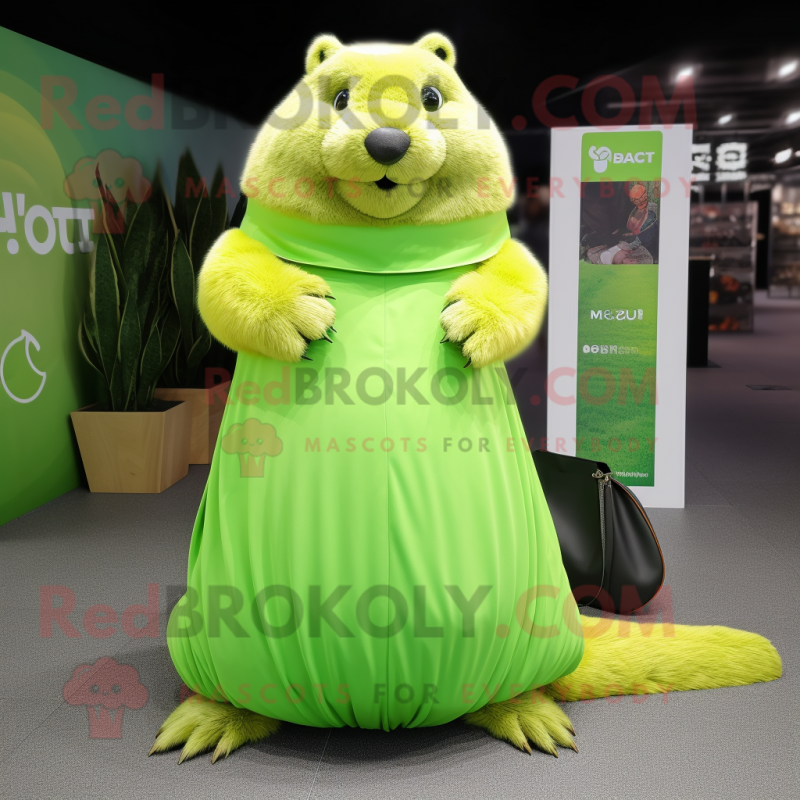 Lime Green Marmot mascot costume character dressed with a Maxi Dress and Clutch bags