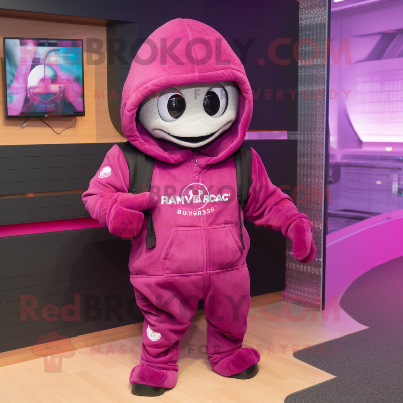 Magenta Marine Recon mascot costume character dressed with a Hoodie and Clutch bags