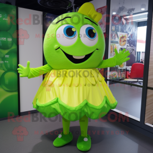 Lime Green Pho mascot costume character dressed with a Mini Skirt and Cummerbunds