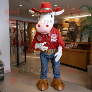 Red Beef Stroganoff mascot costume character dressed with a Bootcut Jeans and Tie pins