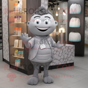 Gray Scented Candle mascot costume character dressed with a V-Neck Tee and Handbags