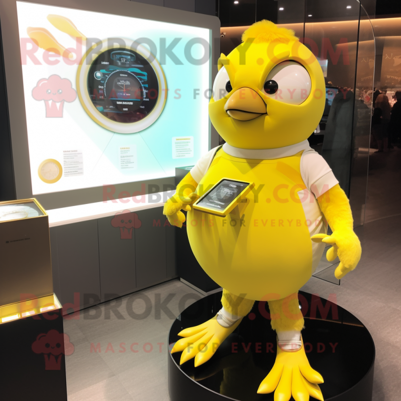 Gold Canary mascot costume character dressed with a Tank Top and Smartwatches