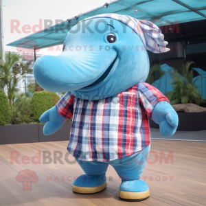 Cyan Blue Whale mascot costume character dressed with a Flannel Shirt and Hairpins