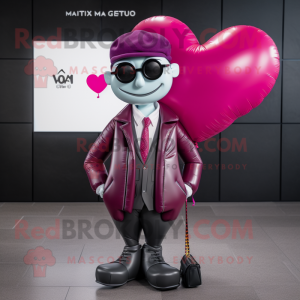 Magenta Heart Shaped Balloons mascot costume character dressed with a Leather Jacket and Pocket squares