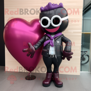 Magenta Heart Shaped Balloons mascot costume character dressed with a Leather Jacket and Pocket squares
