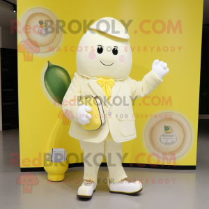 Cream Lemon mascot costume character dressed with a Jacket and Coin purses