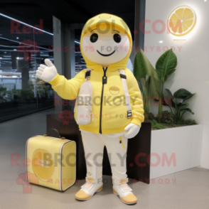 Cream Lemon mascot costume character dressed with a Jacket and Coin purses