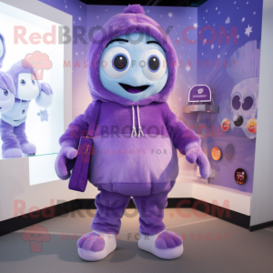 Purple Ice mascot costume character dressed with a Sweatshirt and Handbags