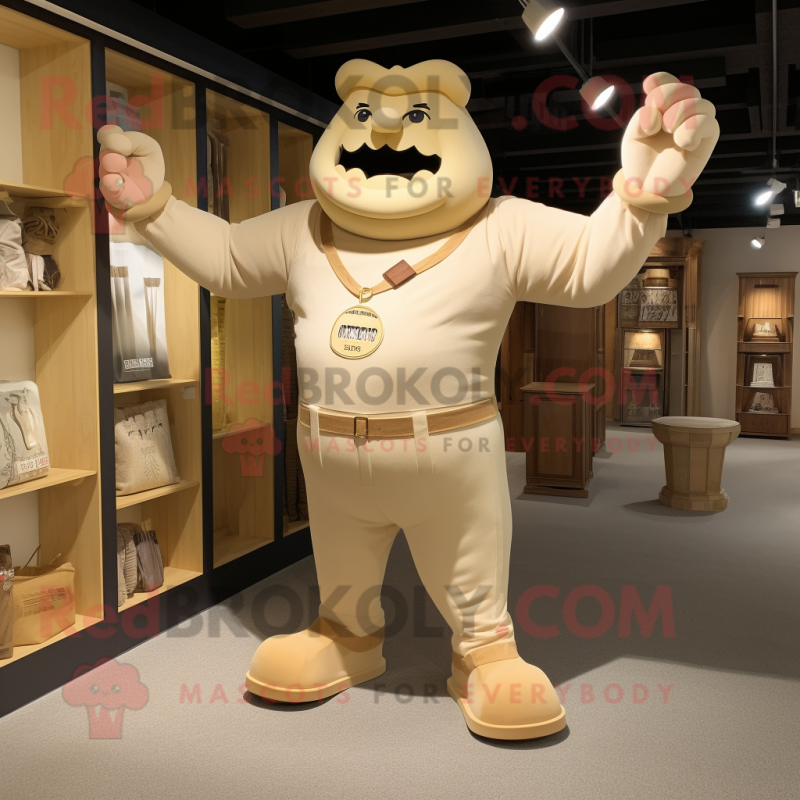 Beige Strongman mascot costume character dressed with a Romper and Pocket squares