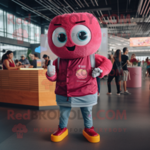 Magenta Dim Sum mascot costume character dressed with a Denim Shorts and Smartwatches