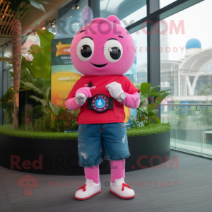 Magenta Dim Sum mascot costume character dressed with a Denim Shorts and Smartwatches