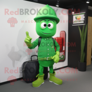 Green Chief mascot costume character dressed with a Skinny Jeans and Briefcases