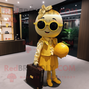 Gold Plum mascot costume character dressed with a Skirt and Briefcases