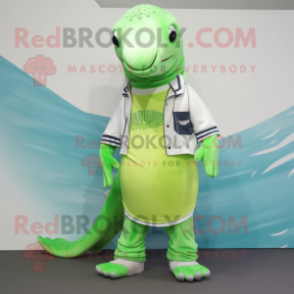 Lime Green Humpback Whale mascot costume character dressed with a Polo Tee and Necklaces