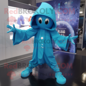 Cyan Contortionist mascot costume character dressed with a Raincoat and Keychains