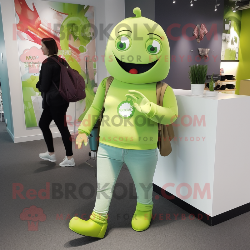 Lime Green Chocolate Bar mascot costume character dressed with a Jeggings and Tote bags