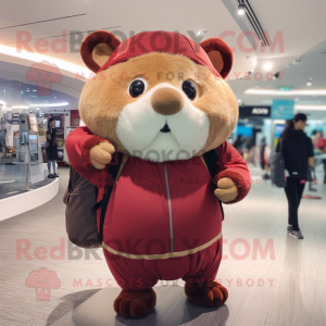 Maroon Hamster mascot costume character dressed with a Leggings and Backpacks