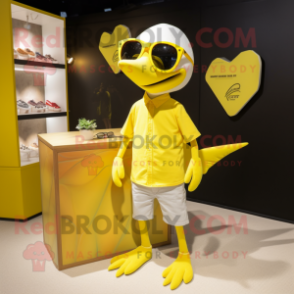 Lemon Yellow Pterodactyl mascot costume character dressed with a Henley Tee and Sunglasses