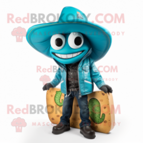 Cyan Tacos mascot costume character dressed with a Leather Jacket and Shoe clips