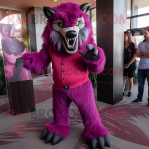 Magenta Werewolf mascot costume character dressed with a Dress Pants and Watches
