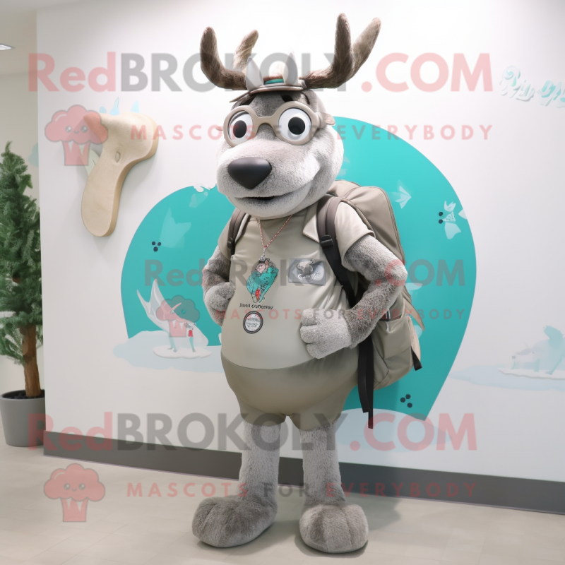 Silver Elk mascot costume character dressed with a Bermuda Shorts and Backpacks