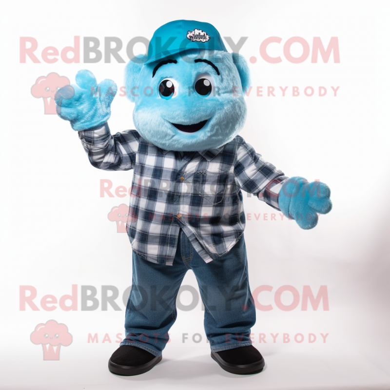 Sky Blue Raspberry mascot costume character dressed with a Flannel Shirt and Earrings