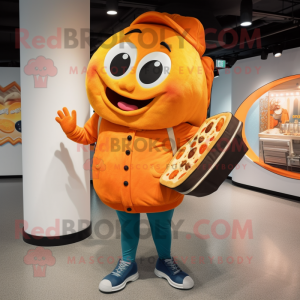Orange Pizza Slice mascot costume character dressed with a Sweatshirt and Handbags