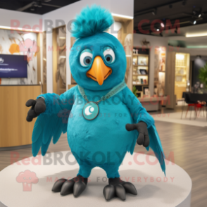 Turquoise Crow mascot costume character dressed with a Jeggings and Keychains