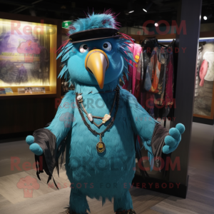 Turquoise Crow mascot costume character dressed with a Jeggings and Keychains