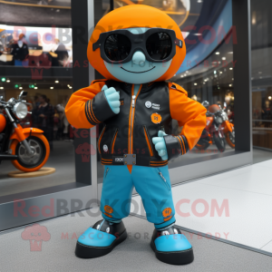Cyan Orange mascot costume character dressed with a Biker Jacket and Bracelet watches