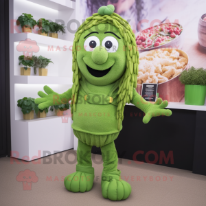 Green Pesto Pasta mascot costume character dressed with a Shorts and Bracelets
