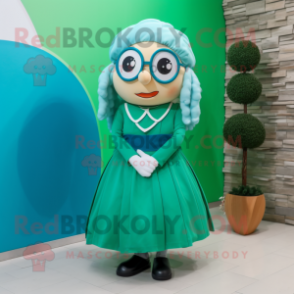 Cyan Irish Flag mascot costume character dressed with a Skirt and Eyeglasses
