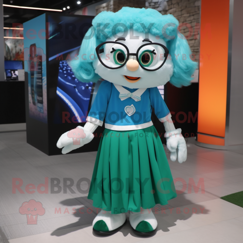 Cyan Irish Flag mascot costume character dressed with a Skirt and Eyeglasses