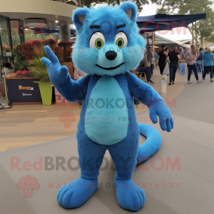 Blue Mongoose mascot costume character dressed with a Skinny Jeans and Shoe laces