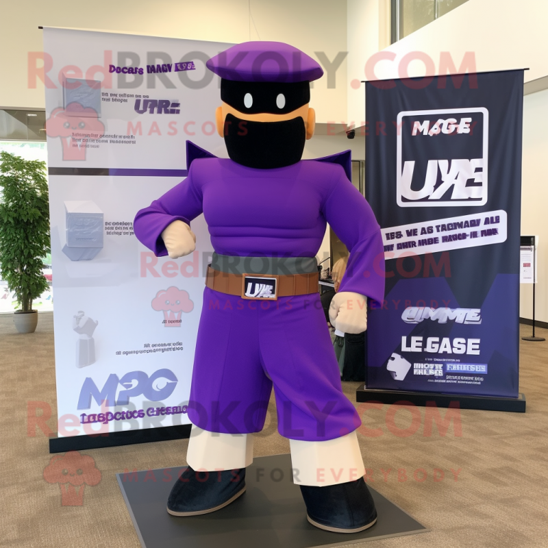 Purple Gi Joe mascot costume character dressed with a Maxi Skirt and Belts