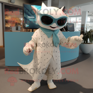 Cream Manta Ray mascot costume character dressed with a Button-Up Shirt and Sunglasses