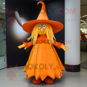 Orange Witch'S Hat mascot costume character dressed with a Pleated Skirt and Hairpins