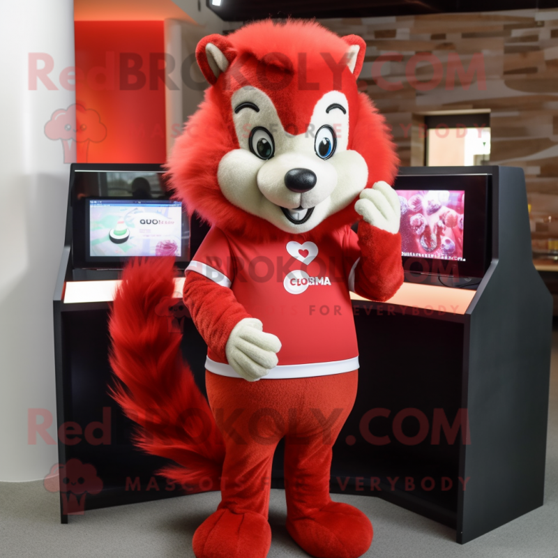 Red Skunk mascot costume character dressed with a Pencil Skirt and Digital watches