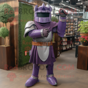 Purple Medieval Knight mascot costume character dressed with a Chambray Shirt and Belts