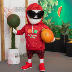 Red Shakshuka mascot costume character dressed with a Rash Guard and Sunglasses