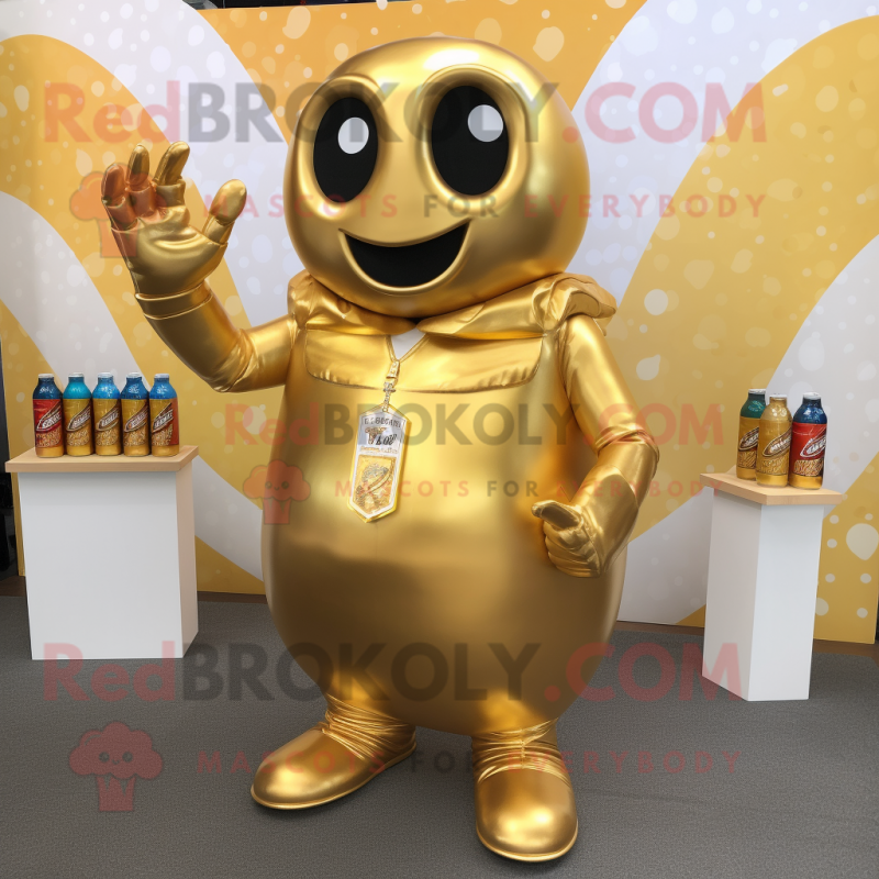 Gold Soda Can mascot costume character dressed with a V-Neck Tee and Necklaces