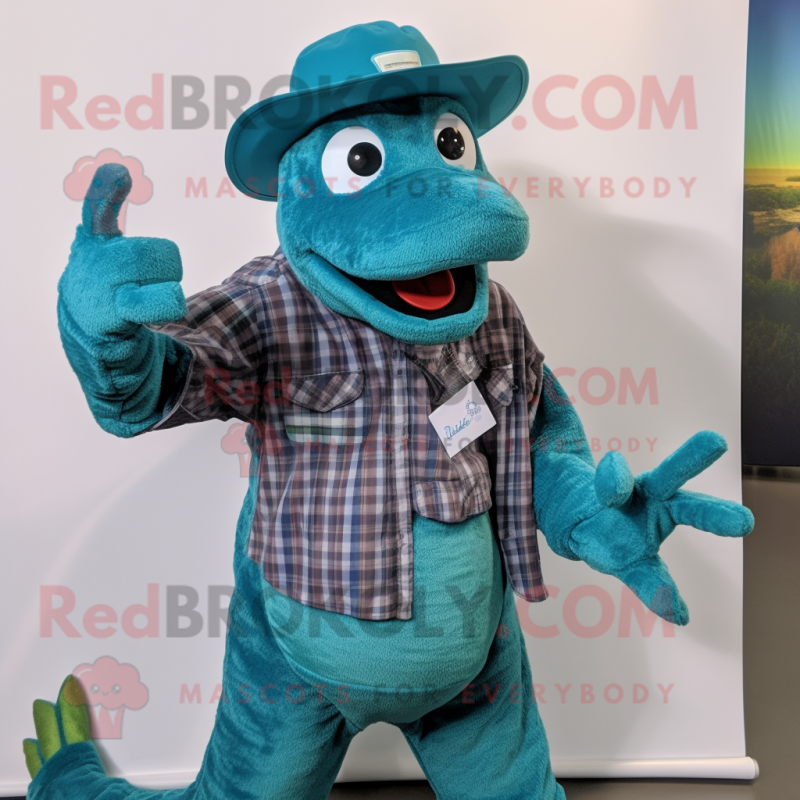 Teal Loch Ness Monster mascot costume character dressed with a Button ...
