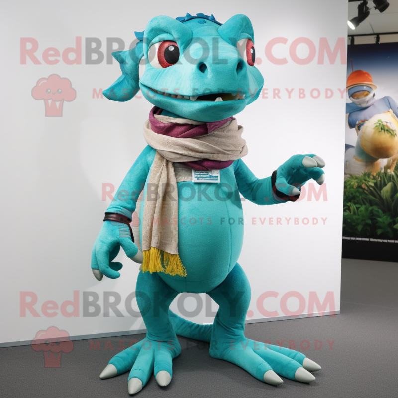 Cyan Geckos mascot costume character dressed with a Cargo Shorts and Scarf clips