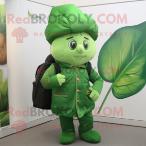 nan Spinach mascot costume character dressed with a Jacket and Backpacks