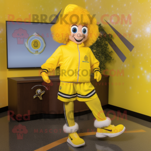 Yellow Irish Dancing Shoes mascot costume character dressed with a Hoodie and Watches
